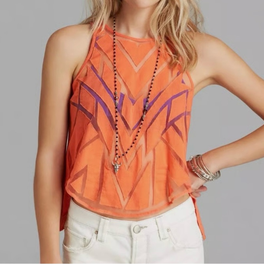 Free People Burnt Orange Mesh Geometric Tank, Open Back